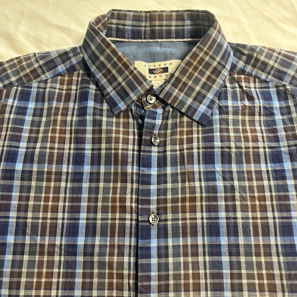 Joseph Abboud Mens Large Blue Brown Plaid Cotton Long Sleeve Button Down Shirt